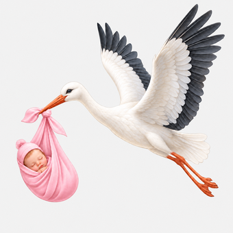 Stork carrying a sleeping baby girl in a pink bundle