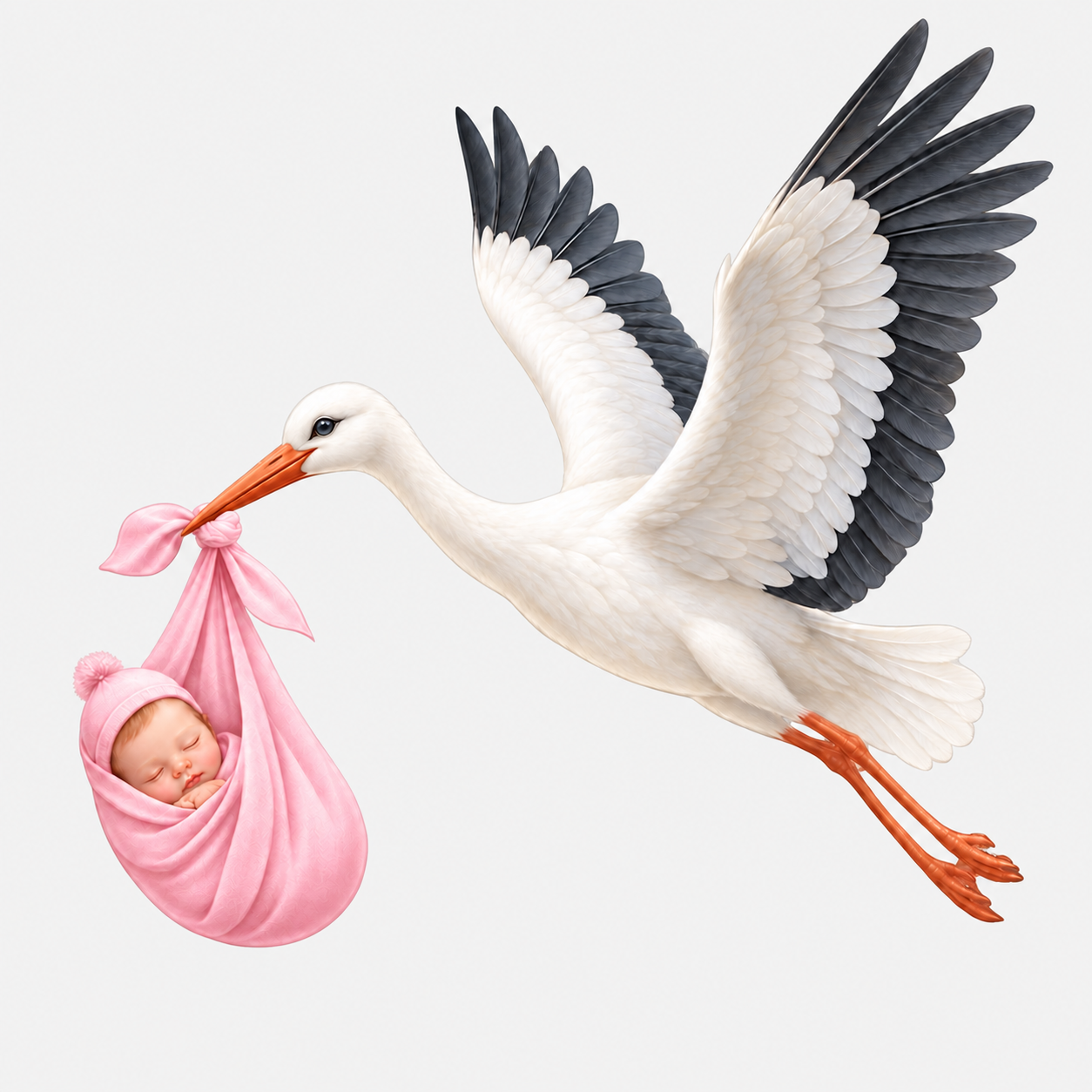 Stork carrying a sleeping baby in a pink bundle