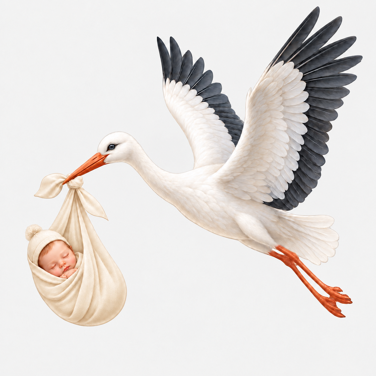 Stork carrying a sleeping baby in a beige bundle