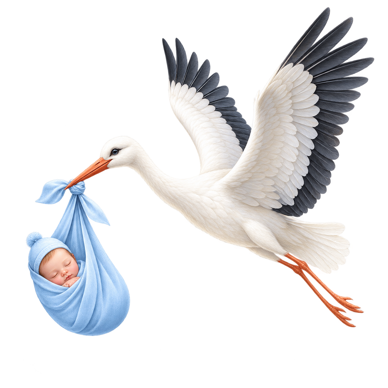 Stork carrying a sleeping baby boy in a blue bundle
